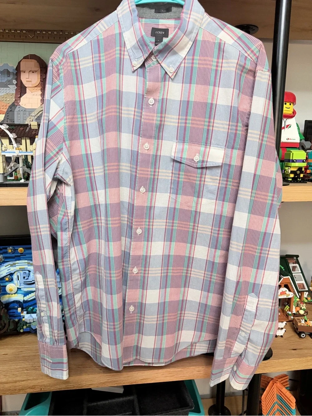 J. Crew Men’s Pink, Light Blue and White Plaid Button-Down Shirt
